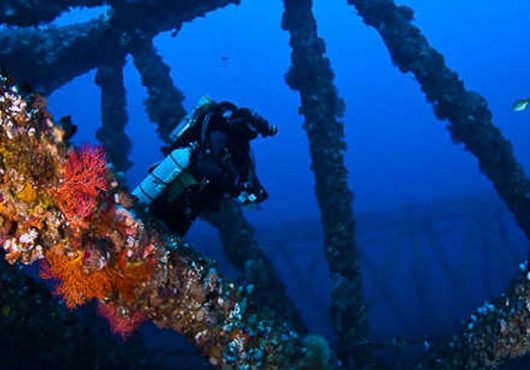 A diver exploring a shipwreck.