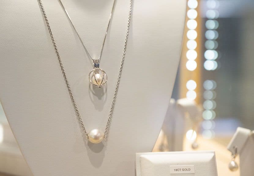 Pearl necklaces on display at Willie Creek Pearls.