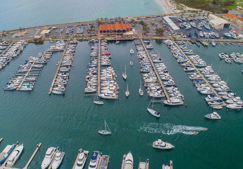 An aerial image of the boats docking in the harbour.